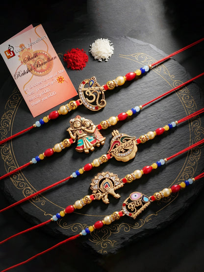 Set of 5 Traditional Divine Rakhis for Bhai | Beaded Radha Krishna & Khatu Shyam Threads | Raksha Bandhan Gift Set with Roli, Chawal & Greeting Card (360-S5R1-2306-5)