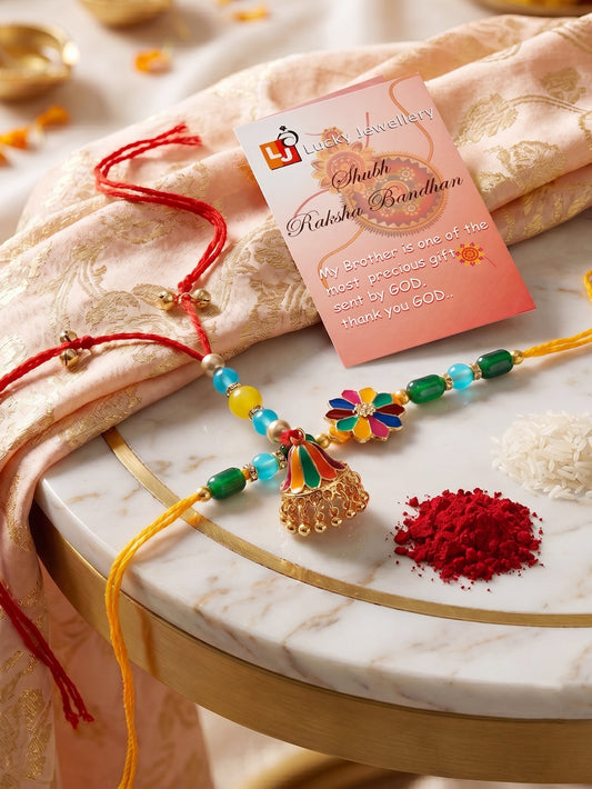 Set of 2 Bhaiya Bhabhi Rakhi Set with Floral Centerpiece & Jhumka Lumba, Roli Chawal & Card (240-CHCR1-1146-MT-2-2026)