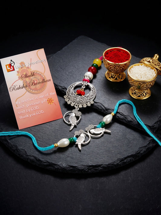 Set of 2 Bhaiya Bhabhi Rakhi Set with Small Bird Pendant, Maroon & Drop Beads, Roli Chawal & Card (108-JPCR1-1952-S-2-2026)
