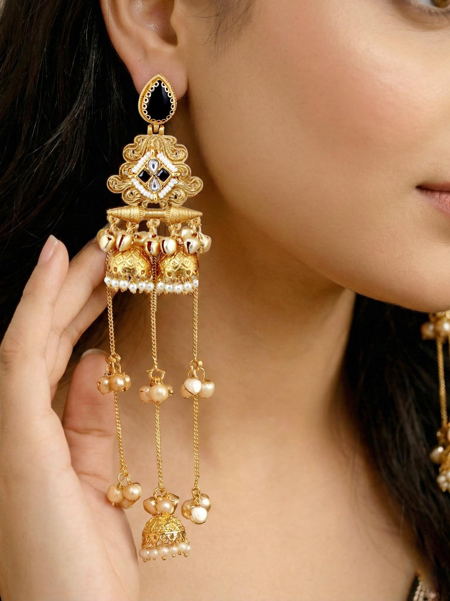 LUCKY JEWELLERY Gold Plated Kashmiri Earrings with Black Stones, Triple Jhumka with Long Ghungroo Chains for Girls & Women | Designer Earring Set | Birthday, Valentine & Anniversary Gift