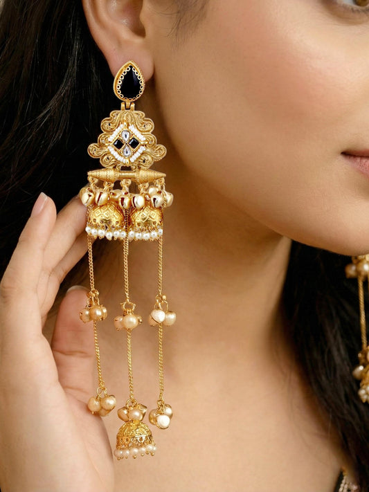 LUCKY JEWELLERY Gold Plated Kashmiri Earrings with Black Stones, Triple Jhumka with Long Ghungroo Chains for Girls & Women | Designer Earring Set | Birthday, Valentine & Anniversary Gift