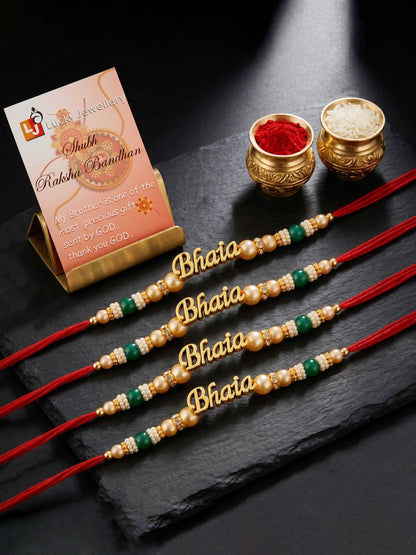 Set of 4 Gold Bhaia Rakhi for Brothers with Green & Beads, Roli Chawal & Card (94-CHR1-1965-4-2026)