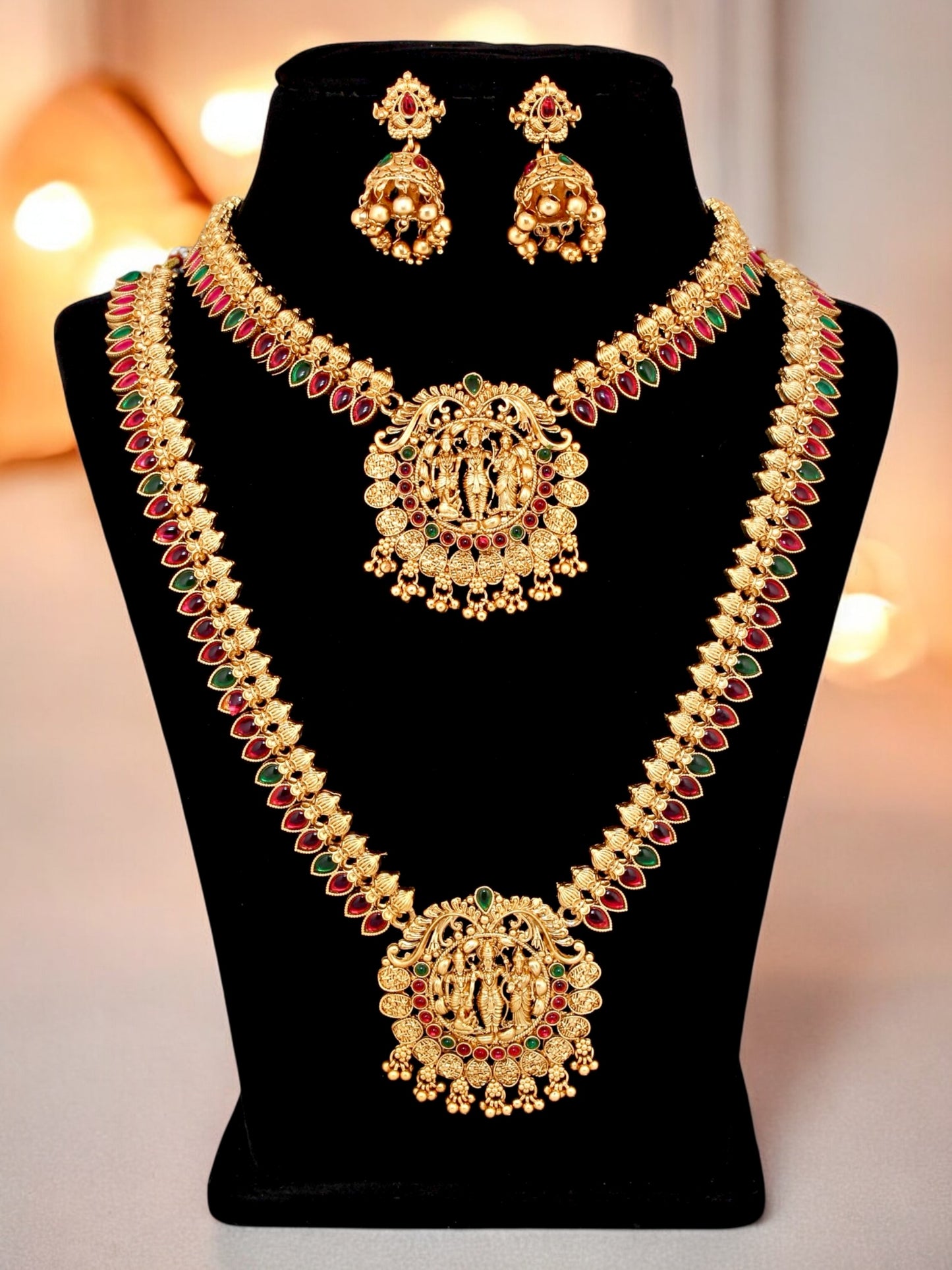 Traditional Temple Jewellery Lord Ram Darbar Necklace with Jhumki Earrings