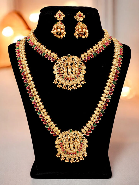 Traditional Temple Jewellery Lord Ram Darbar Necklace with Jhumki Earrings