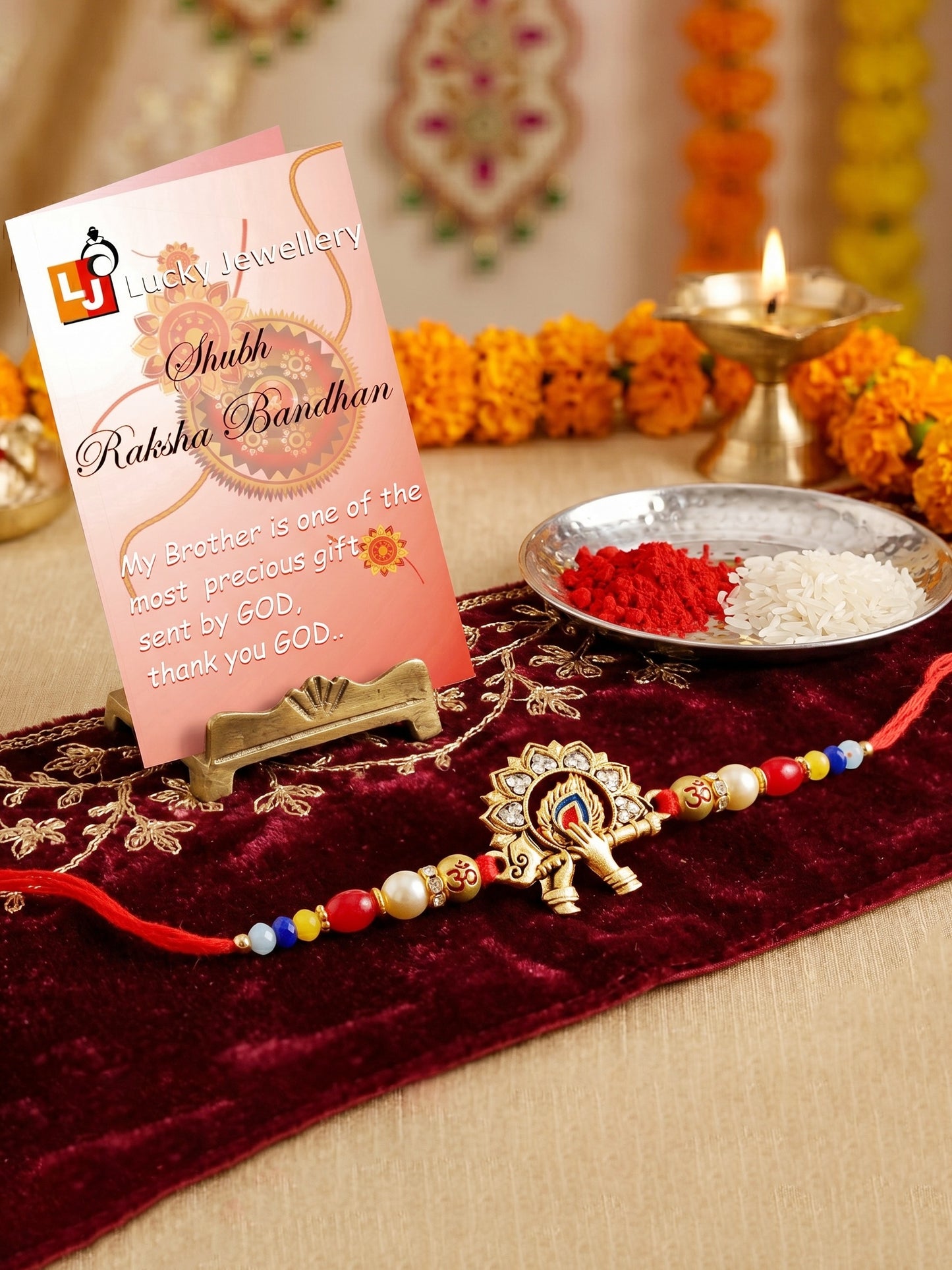 Designer Krishna Flute & Peacock Rakhi Set For Brother | Roli Chawal And Card (72-S5R1-AR2934)