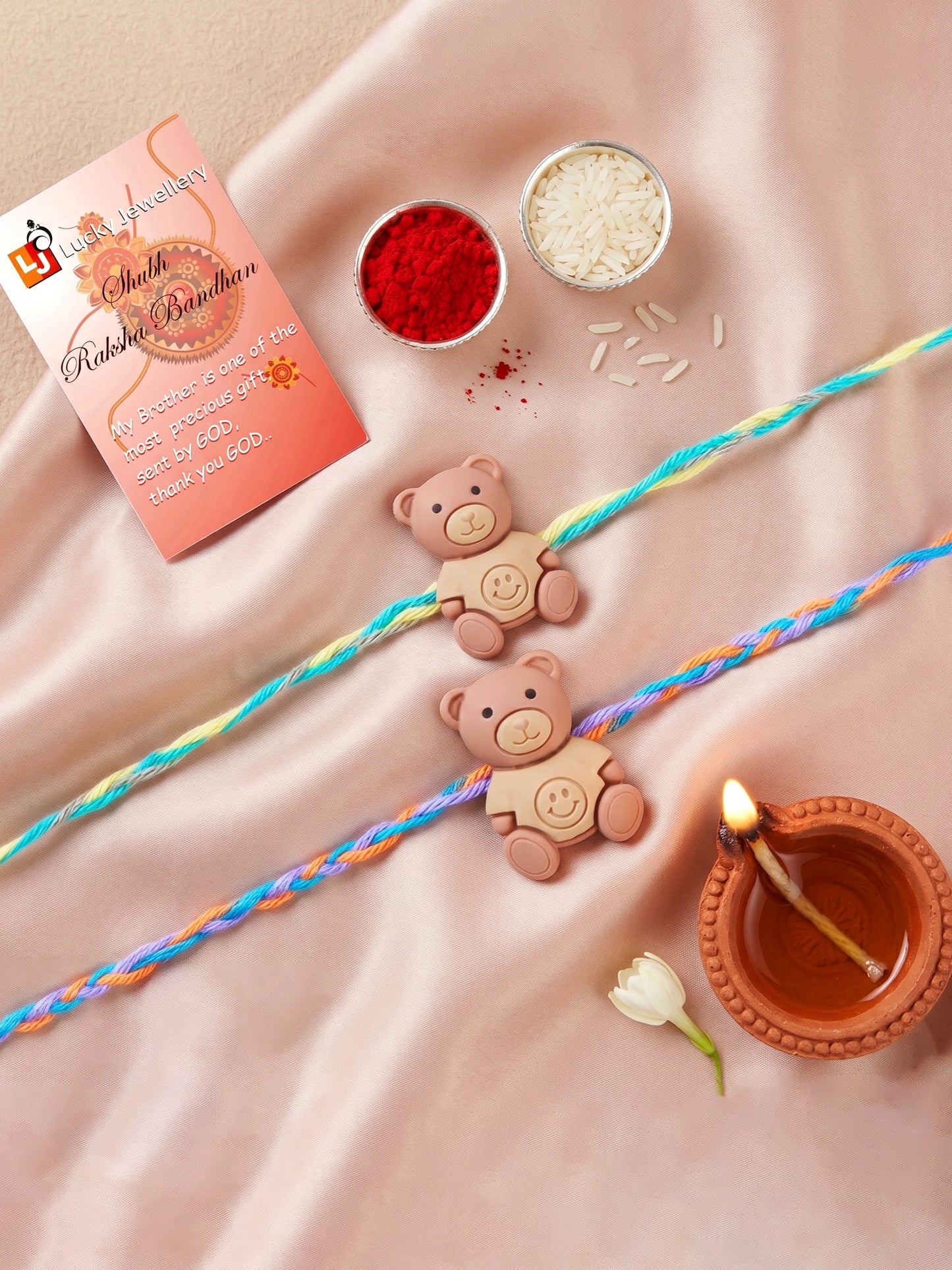 Set of 2 Cute Teddy Bear Kids Rakhi with Colorful Thread, Roli Chawal & Card (80-CHR1-1949-2-2026)