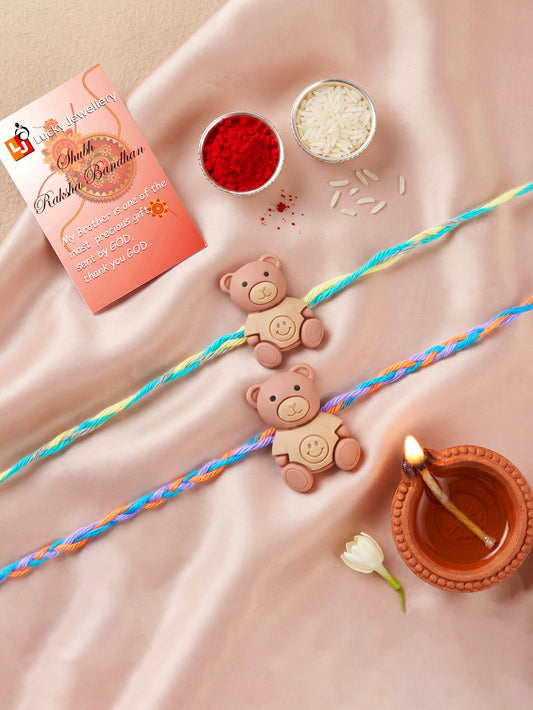 Set of 2 Cute Teddy Bear Kids Rakhi with Colorful Thread, Roli Chawal & Card (80-CHR1-1949-2-2026)