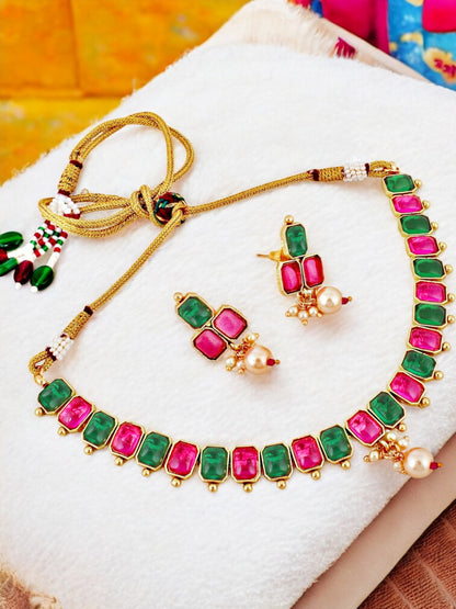 Gold Plated Choker Necklace Set with Earrings for Women & Girls