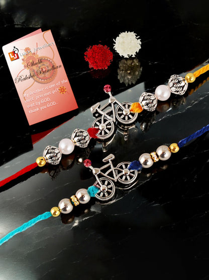 Lucky Jewellery Designer Oxidised Silver Funky Design Rakhi - Rakshabandhan Rakhee Bracelet for Brother/Bhaiya/Bhai/Bhabhi - Pack of 2 (72-JPR1-1954-S-2)