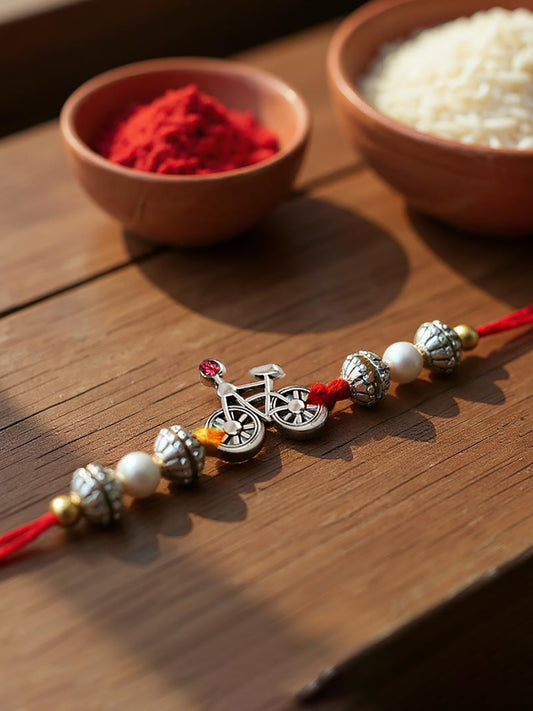 Lucky Jewellery Designer Oxidised Silver Funky Design Rakhi - Rakshabandhan Rakhee Bracelet for Brother/Bhaiya/Bhai/Bhabhi Pack of 1 (36-JPR1-1954-S-1)