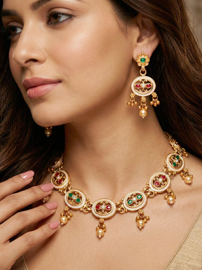 Lucky Jewellery Gold-Plated Meenakari Red & Green Stone Necklace Set (580-G2SR-261-WRG)