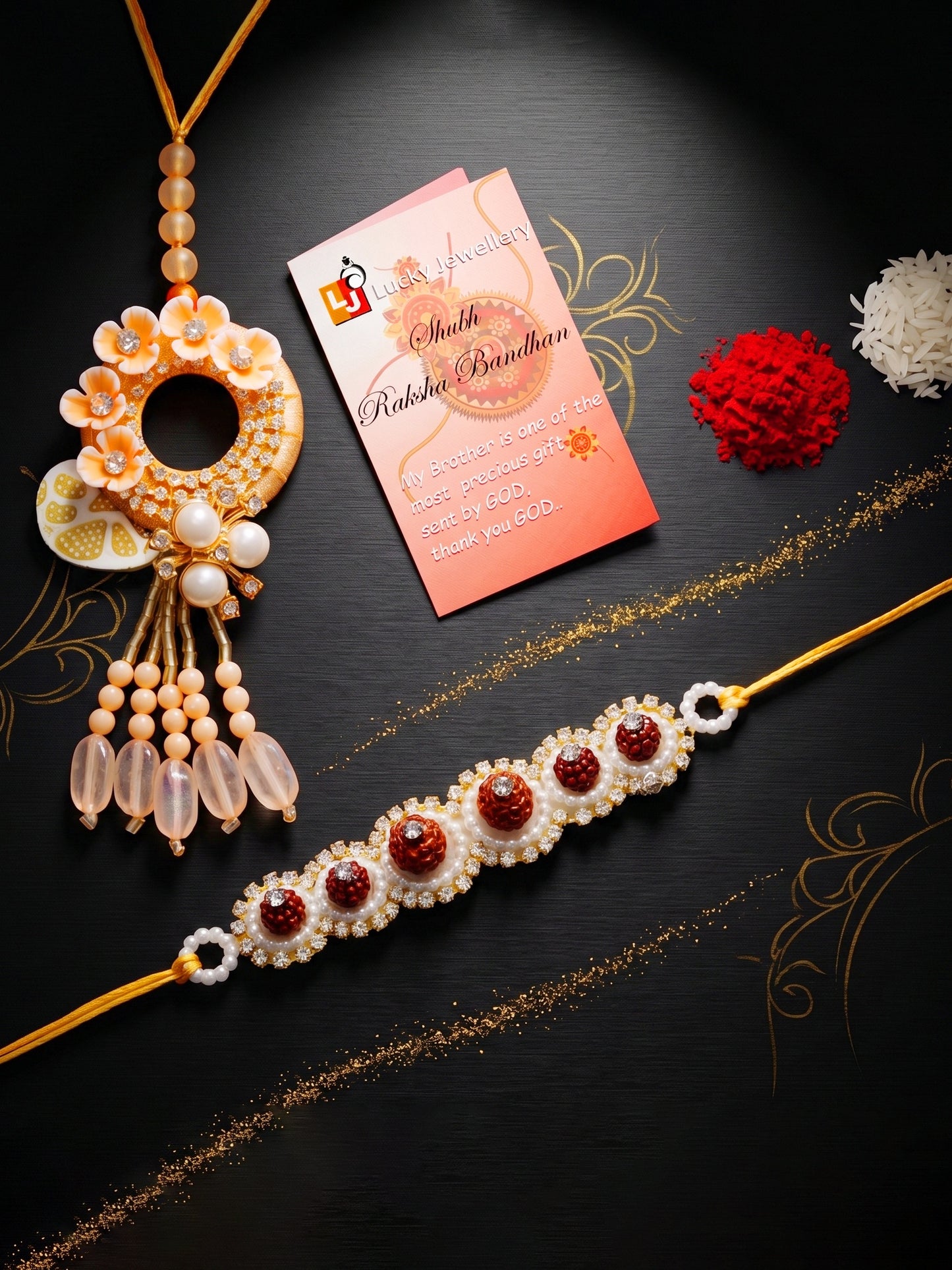 Designer Bhaiya Bhabhi Rakhi Set | Peach Floral Dangling Lumba & Traditional Brown Beaded Rakhi (192-S7R1-PJ6605-PH)