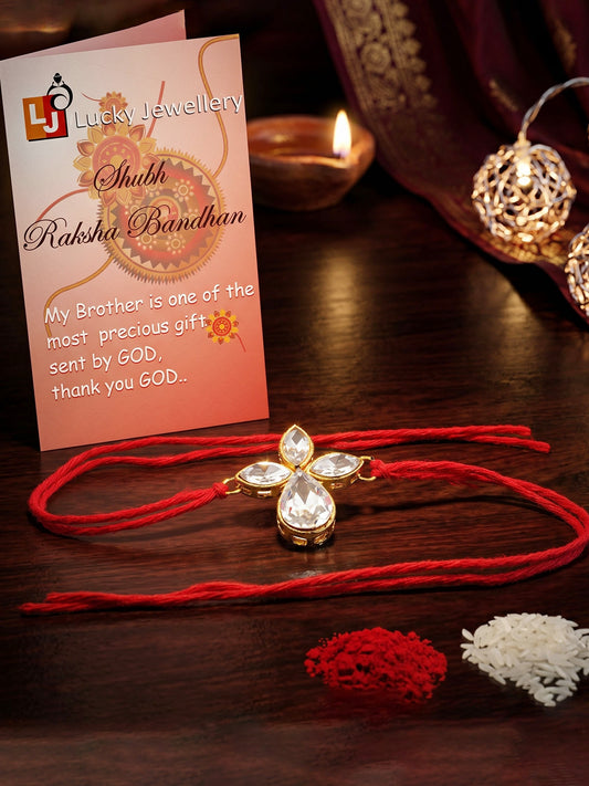 LUCKY JEWELLERY Traditional Rakhi for Brother/Bhaiya – Gold Plated Red Thread Rakshabandhan Rakhie in White Stones for Bhai/Bhabhi (Pack of 1) – Fancy Rakhee Bracelet Rakshasutra (76-L1R1-06-W-1-2026)