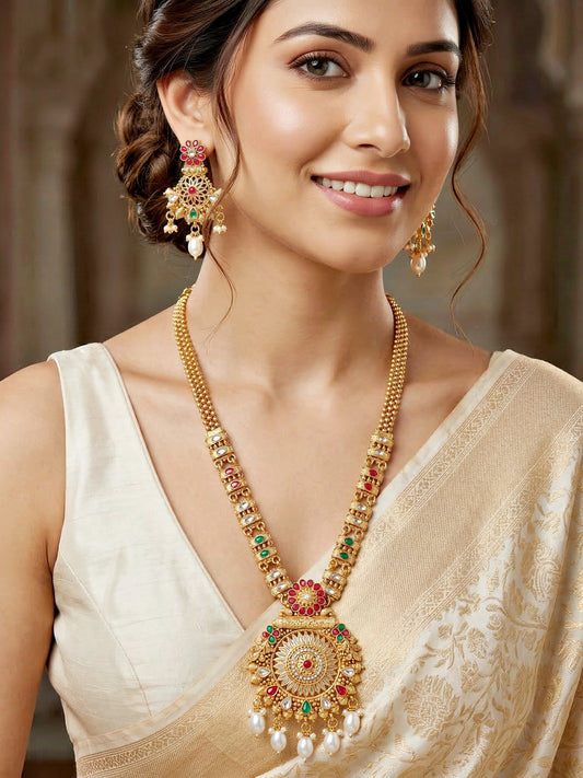 Lucky Jewellery Gold-Plated Ruby & Green Color Long Necklace Set (750-G2SR-204-RG)