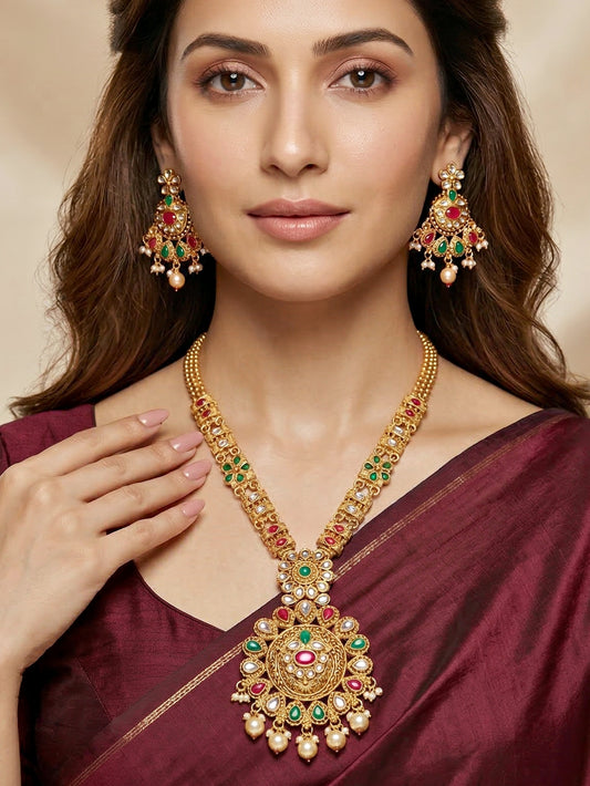 Lucky Jewellery Gold-Plated Ruby & Green Color Long Necklace Set (732-G2SR-194-RG)