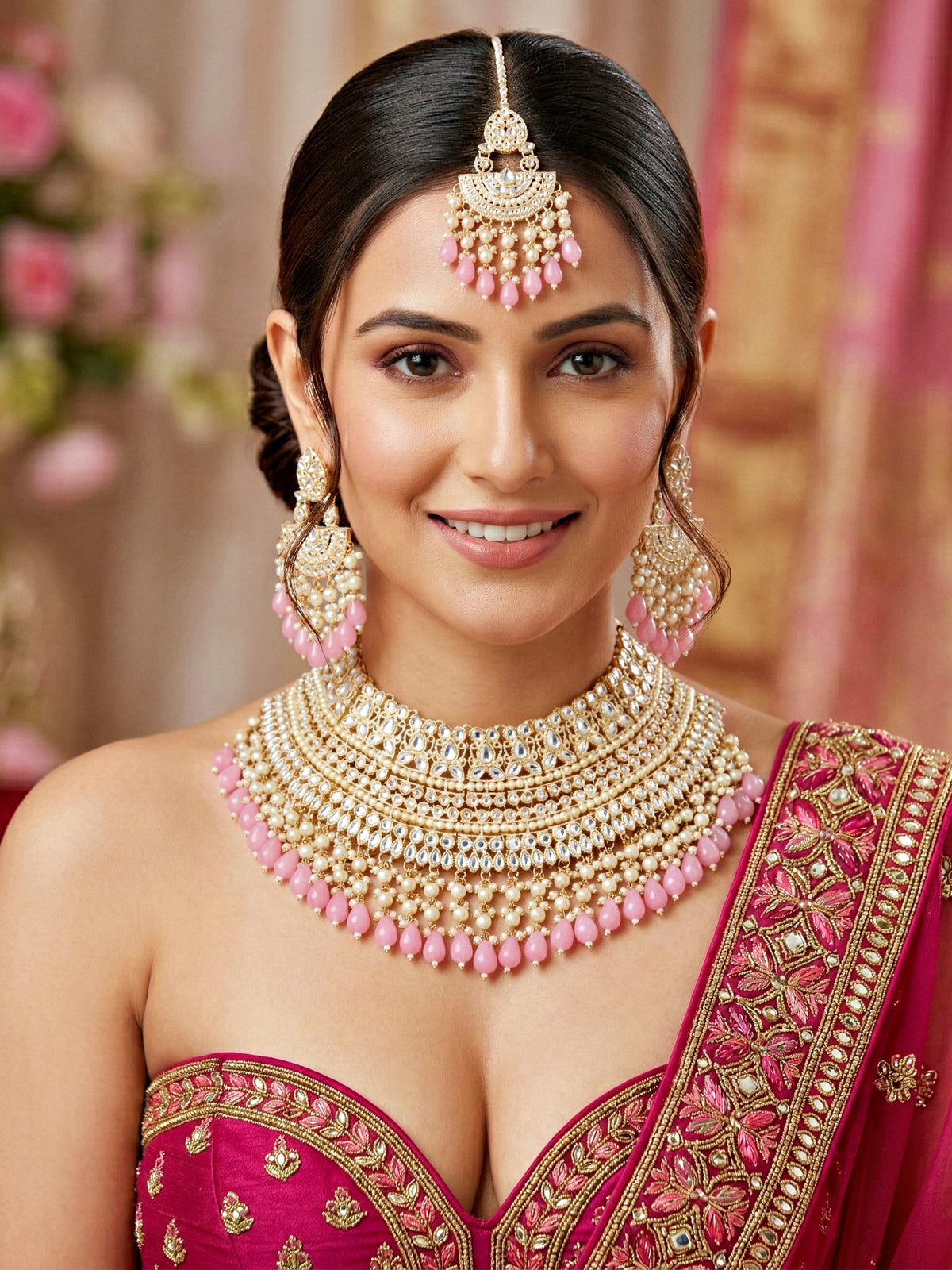 Gold Plated Kundan & Pearl Pink Stone Bridal Choker Jewellery Set with Maang Tikka (1683-ISK-855-PK)