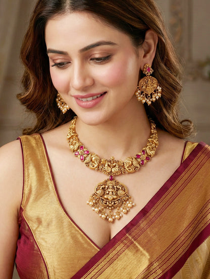 Traditional Antique Gold-Tone Temple Jewellery Necklace Set for Women with Goddess Lakshmi Pendant & Matching Earrings(1122-ISR-2178-R)