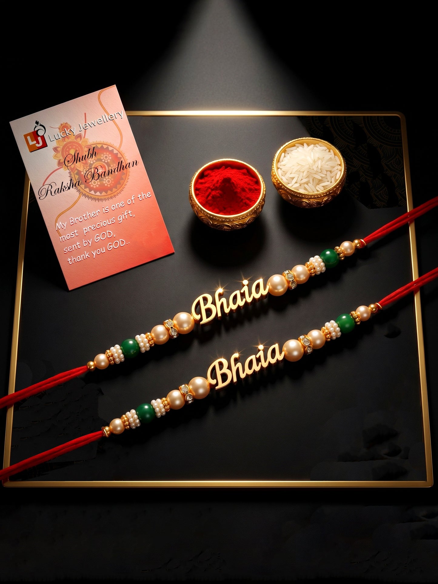 Lucky Jewellery Set of 2 Gold Bhaia Rakhi with Green Beads, Roli, Chawal & Card (62-CHR1-1965-2-2026)