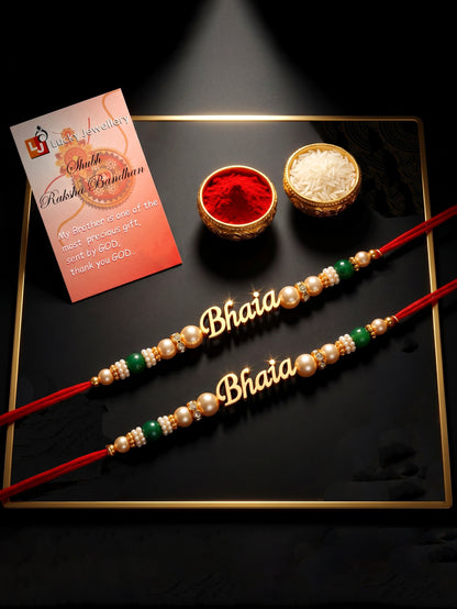 Lucky Jewellery Set of 2 Gold Bhaia Rakhi with Green Beads, Roli, Chawal & Card (62-CHR1-1965-2-2026)