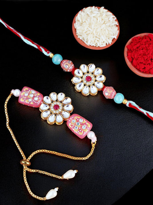 Lucky Jewellery Designer Kundan Stone Floral Rakhi - Rakshabandhan Rakhee with Lumba Bracelet for Brother/Bhaiya/Bhai/Bhabhi - Pack of 2 (173-CHR1-1849-2)