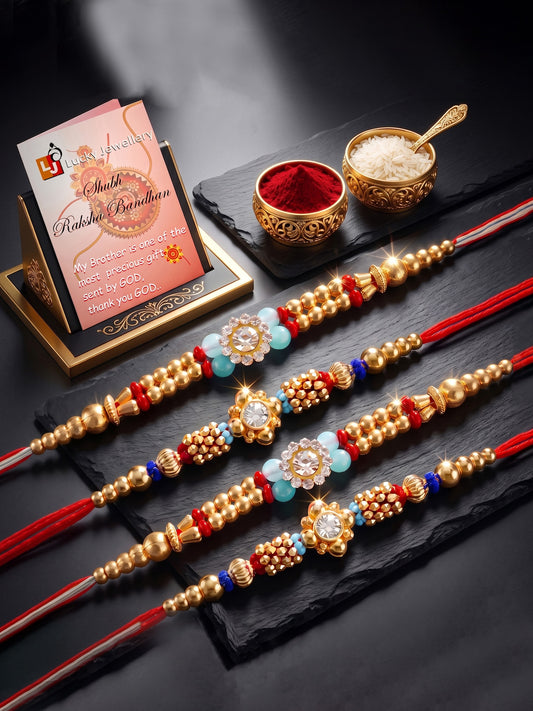 Lucky Jewellery Set of 4 Rakhi with Small Crystal Floral Centerpieces, Gold-Tone Beads, Roli Chawal & Card (58-S7R1-2314-4)