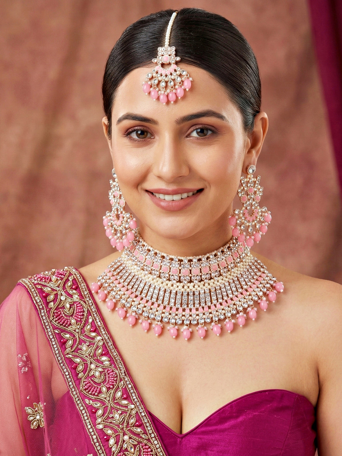 Rose Gold Plated AD Pink Stone & Pearl Bridal Choker Jewellery Set with Maang Tikka (974-B5SP-007-PK)