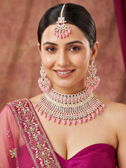 Rose Gold Plated AD Pink Stone & Pearl Bridal Choker Jewellery Set with Maang Tikka (974-B5SP-007-PK)