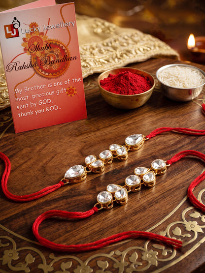 LUCKY JEWELLERY Traditional Rakhi for Brother/Bhaiya – Gold Plated Red Thread Rakshabandhan Rakhie White Stones for Bhai/Bhabhi (Pack of 2) – Fancy Rakhee Bracelet Rakshasutra (159-L1R1-07-W-2-2026)