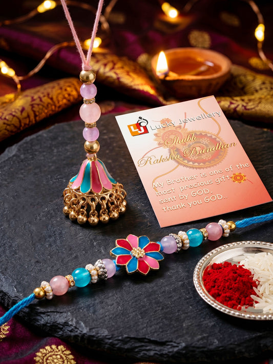 Set of 2 Designer Floral Bhaiya Bhabhi Rakhi Set with Meenakari Jhumki Lumba, Roli, Chawal & Card (240-CHCR1-1146-PKB-2-2026)