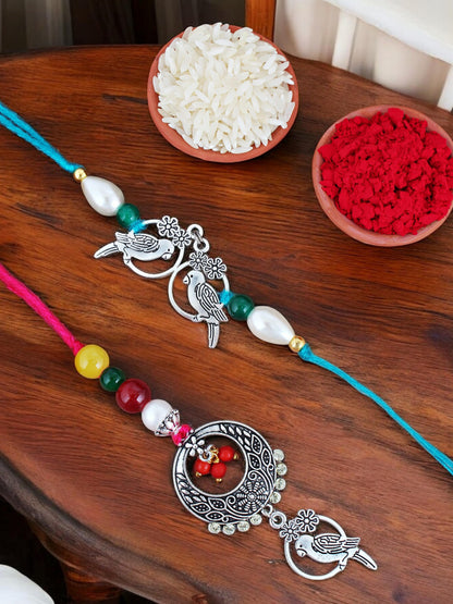 Lucky Jewellery Designer Oxidised Silver Birds Design Rakhi - Rakshabandhan Rakhee with Lumba Bracelet for Brother/Bhaiya/Bhai/Bhabhi - Pack of 2 (108-JPCR1-1952-S-2)