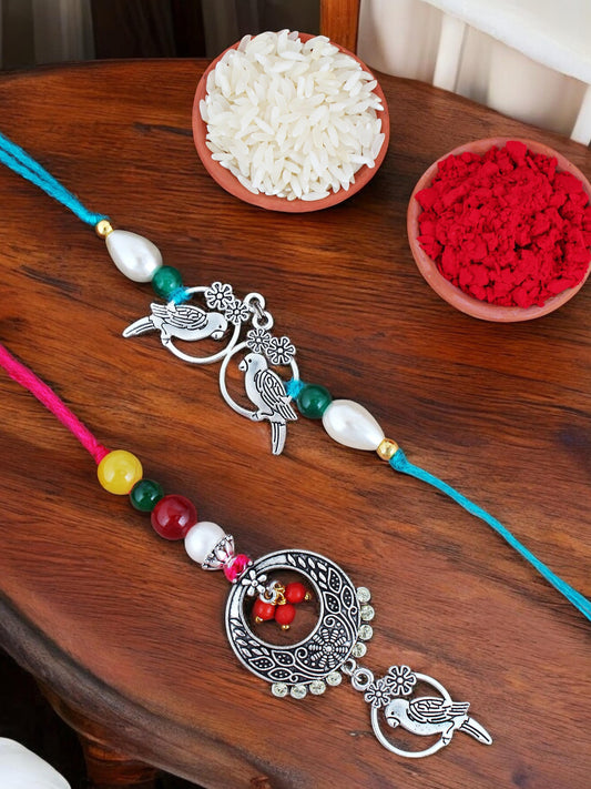 Lucky Jewellery Designer Oxidised Silver Birds Design Rakhi - Rakshabandhan Rakhee with Lumba Bracelet for Brother/Bhaiya/Bhai/Bhabhi - Pack of 2 (108-JPCR1-1952-S-2)