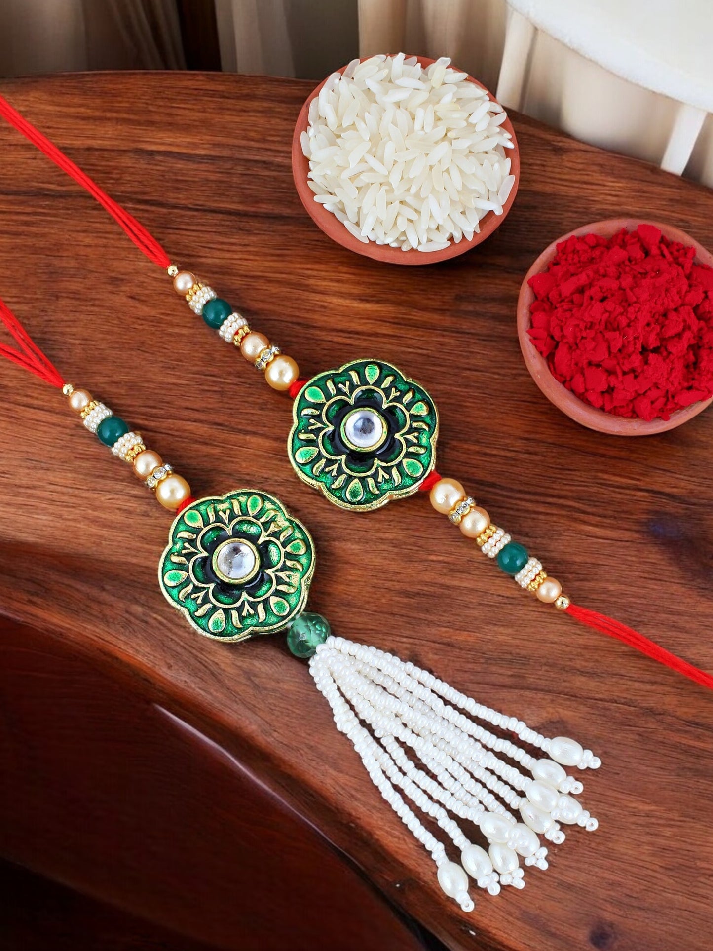 Lucky Jewellery Designer Green Color Meena Rakhi - Rakshabandhan Rakhee with Pearl Lumba Bracelet for Brother/Bhaiya/Bhai/Bhabhi - Pack of 2 (130-JPCR1-1853-G-2)