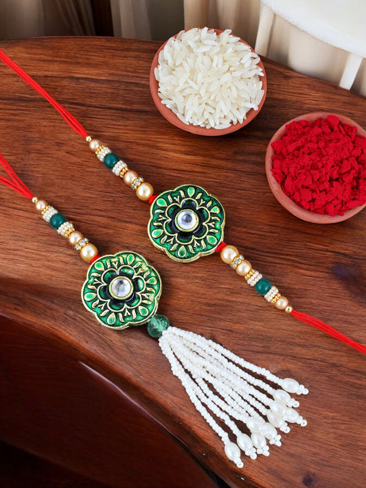 Lucky Jewellery Designer Green Color Meena Rakhi - Rakshabandhan Rakhee with Pearl Lumba Bracelet for Brother/Bhaiya/Bhai/Bhabhi - Pack of 2 (130-JPCR1-1853-G-2)