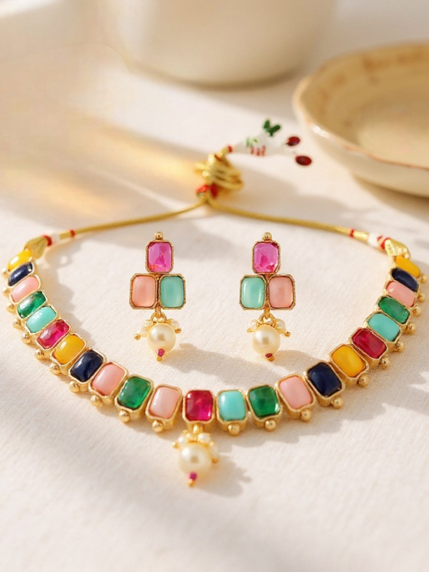 Gold Plated Multi Color Choker Necklace Set with Earrings for Women & Girls