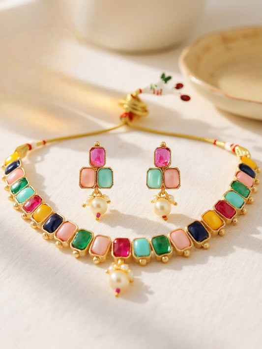 Gold Plated Multi Color Choker Necklace Set with Earrings for Women & Girls