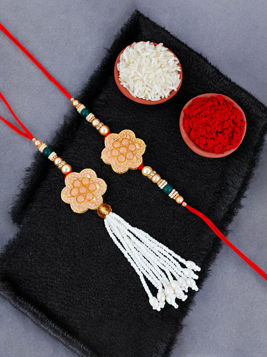 Lucky Jewellery Designer Peach Color Meena Rakhi - Rakshabandhan Rakhee with Pearl Lumba Bracelet for Brother/Bhaiya/Bhai/Bhabhi - Pack of 2 (130-JPCR1-1857-PH-2)
