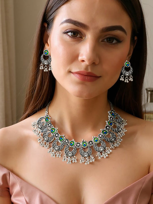 Oxidised Silver Plating Navratri Festival Jewellery Choker Necklace Set