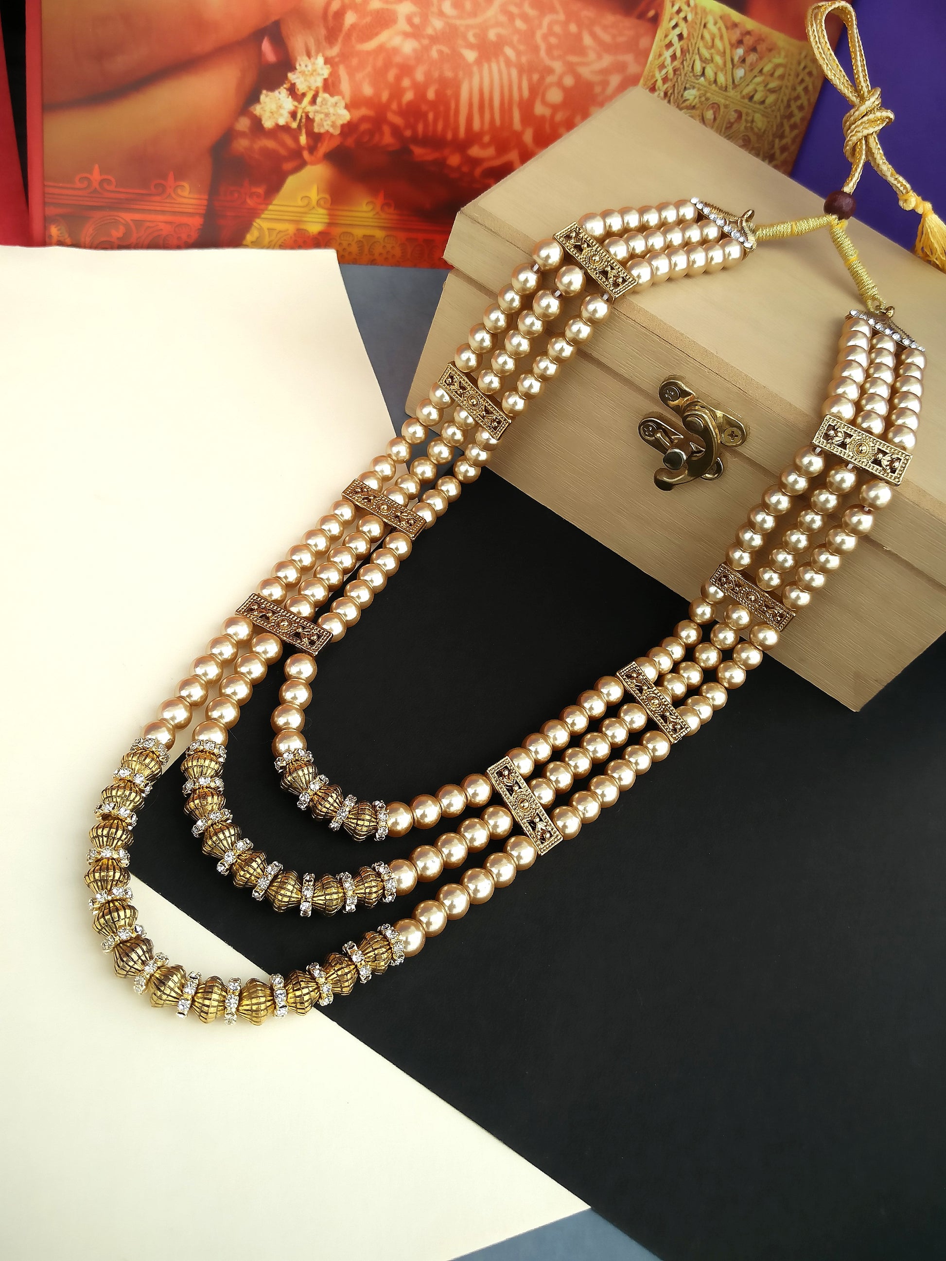 Maharaja Haar Groom Necklace Set for Men BEIGE PEARL Drawstring