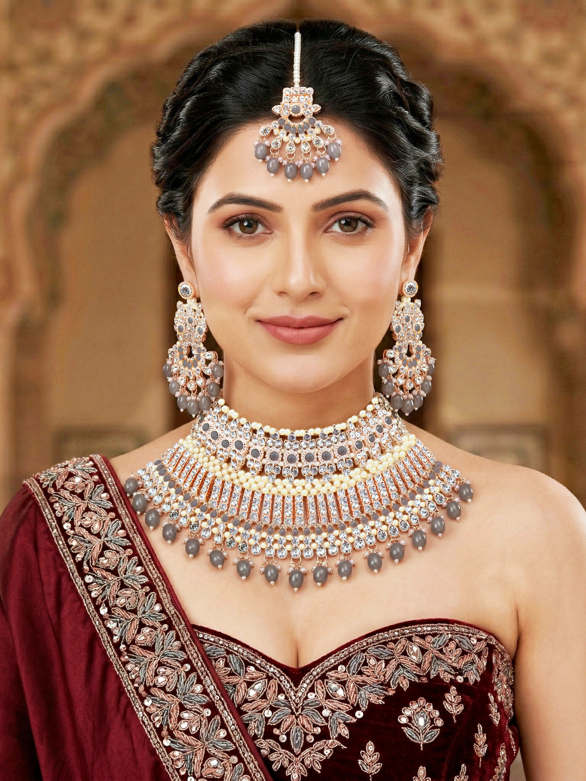 Rose Gold Plated AD Grey Stone & Pearl Bridal Choker Jewellery Set with Maang Tikka (974-B5SP-007-GR)