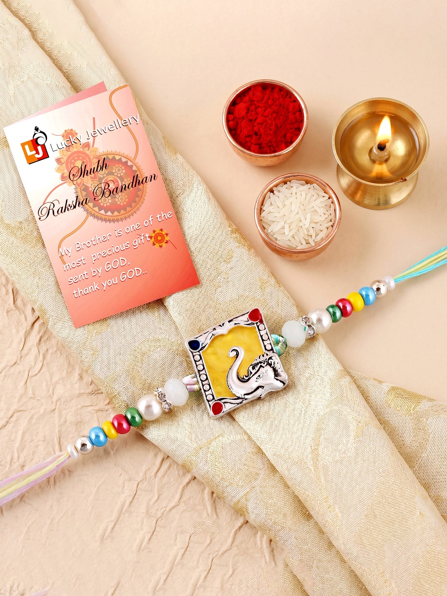 Lord Ganesha Silver-Finish Yellow Enamel Beaded Rakhi For Brother | Rakhi With Roli Chawal, Card (132-S5R1-AR2769)