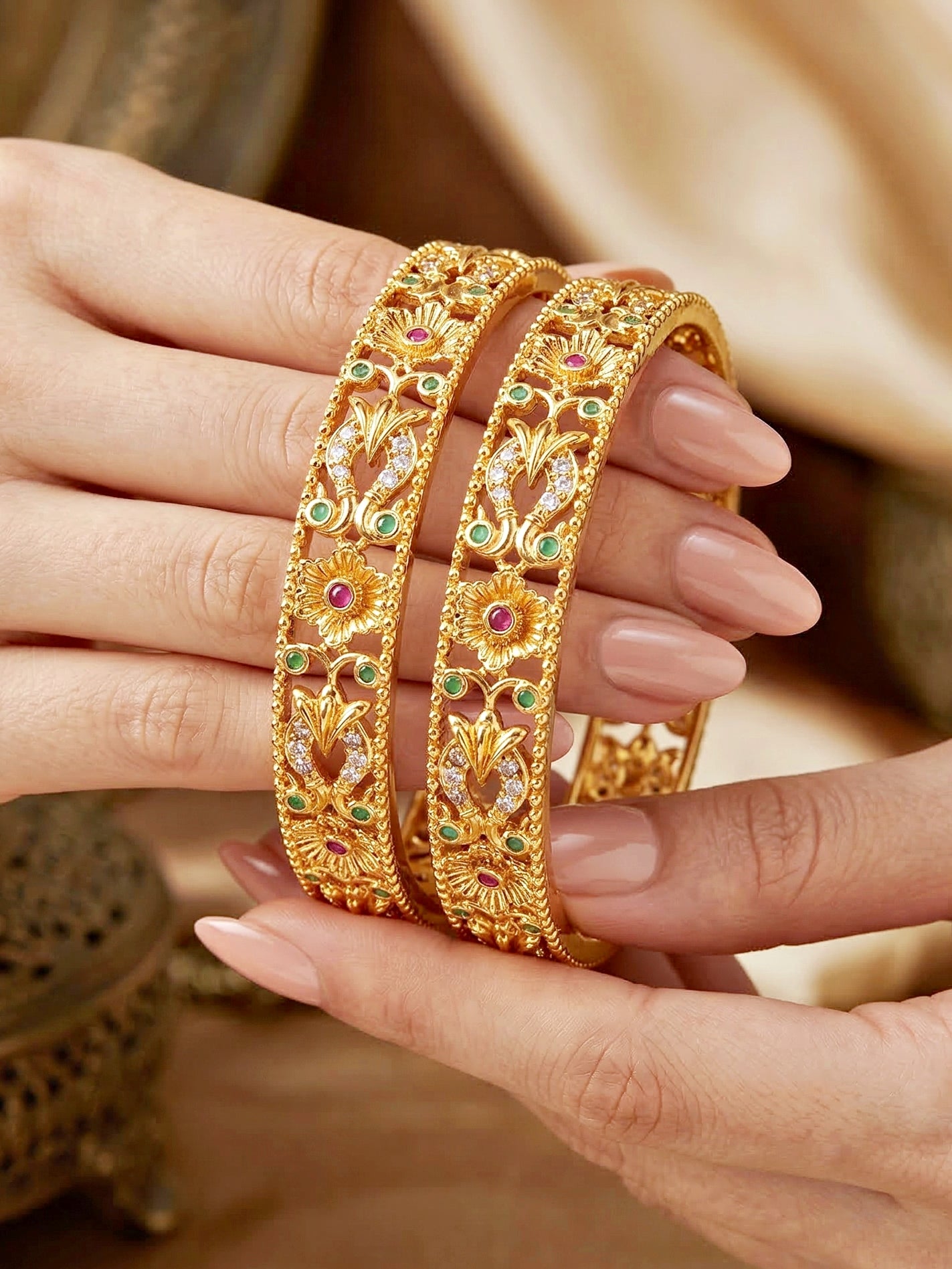 Gold-Plated Temple Floral AD Pink Green Bangle (816-C1BG-2204-2)
