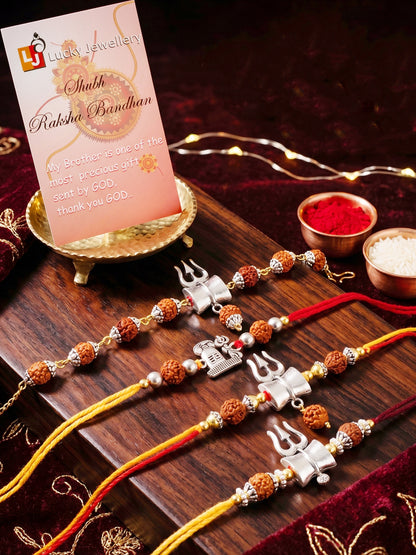 Rudraksha Rakhi Set of 4 for Brothers With Silver Trishul Design with Roli, Chawal & Card (241-JPR1-1982-S-4-2026)
