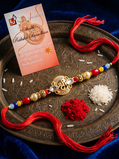 Religious Shree Symbol & Spiritual Om Beaded Rakhi Set for Brother | Roli Chawal, Card (72-S5R1-AR2967)