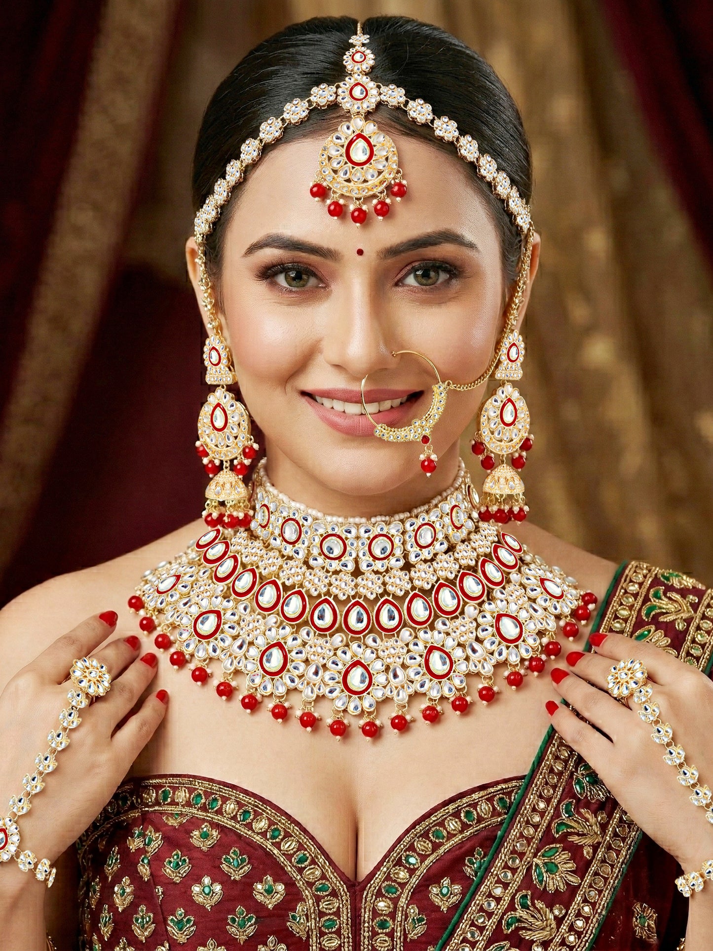 Bridal Kundan Bright Red Heavy Choker Jewellery Set with Hathphool & Nath (2640-IZK-551-RED)