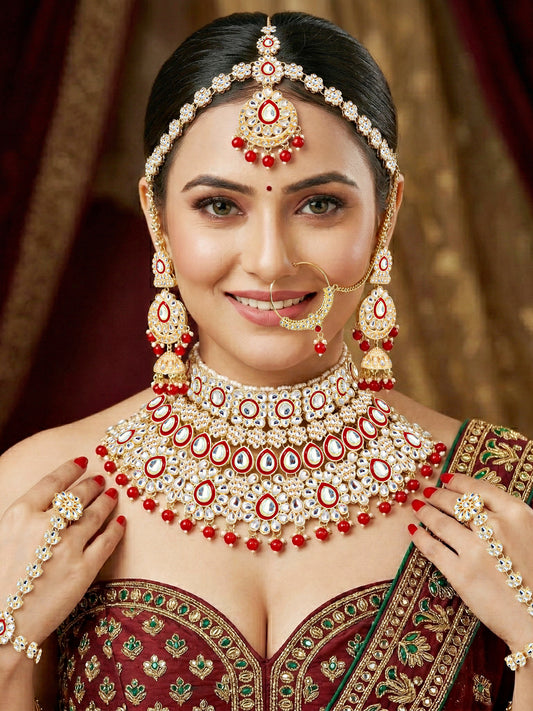 Bridal Kundan Bright Red Heavy Choker Jewellery Set with Hathphool & Nath (2640-IZK-551-RED)