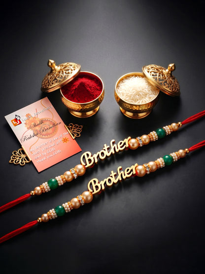 Lucky Jewellery Set of 2 Gold Brother Rakhi with Green Beads, Roli, Chawal & Card (66-CHR1-1964-2-2026)