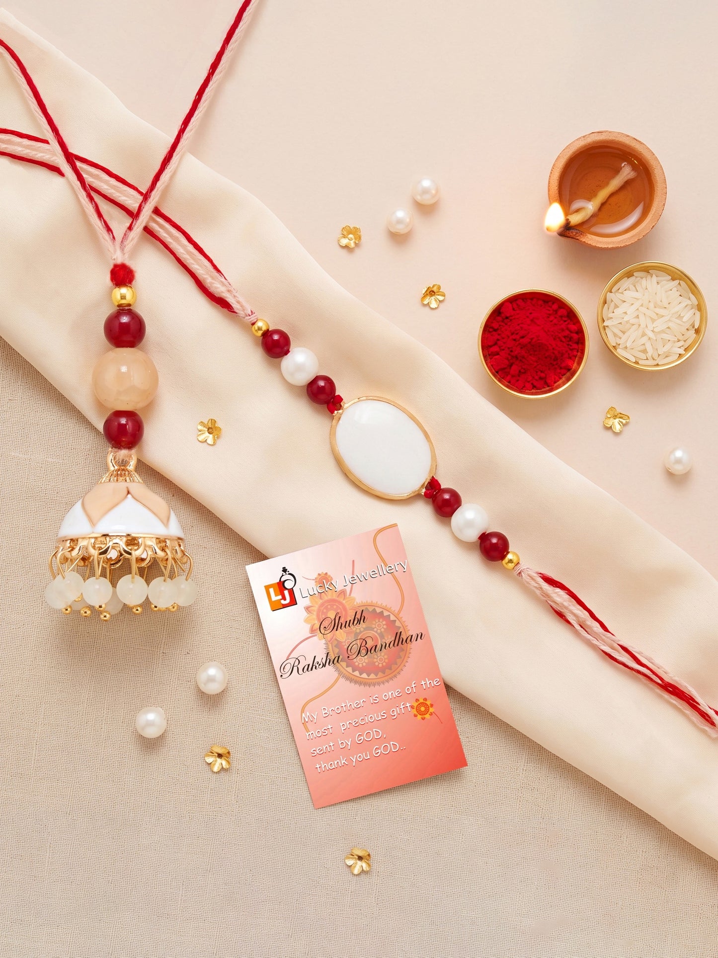 Set of 2 White & Maroon Bhaiya Bhabhi Rakhi Set, Designer Lumba with Beads, Roli, Chawal & Card (265-CHCR1-1151-W-2-2026)