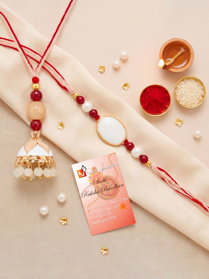 Set of 2 White & Maroon Bhaiya Bhabhi Rakhi Set, Designer Lumba with Beads, Roli, Chawal & Card (265-CHCR1-1151-W-2-2026)