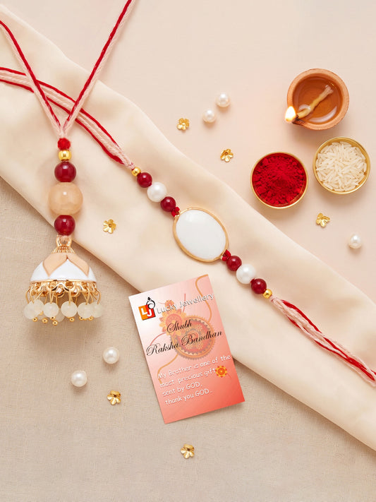 Set of 2 White & Maroon Bhaiya Bhabhi Rakhi Set, Designer Lumba with Beads, Roli, Chawal & Card (265-CHCR1-1151-W-2-2026)