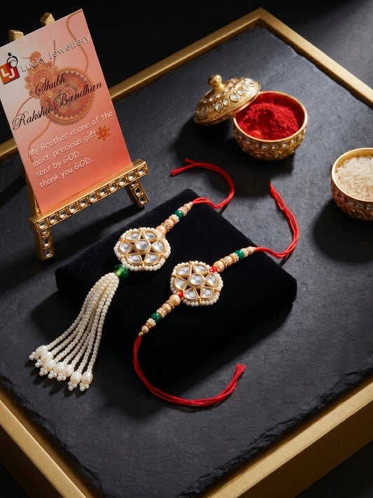 Set of 2 Bhaiya Bhabhi Rakhi Set with Floral Kundan, Green & White Beads, Tassel Lumba, Roli Chawal (118-JPCR1-1850-2-2026)